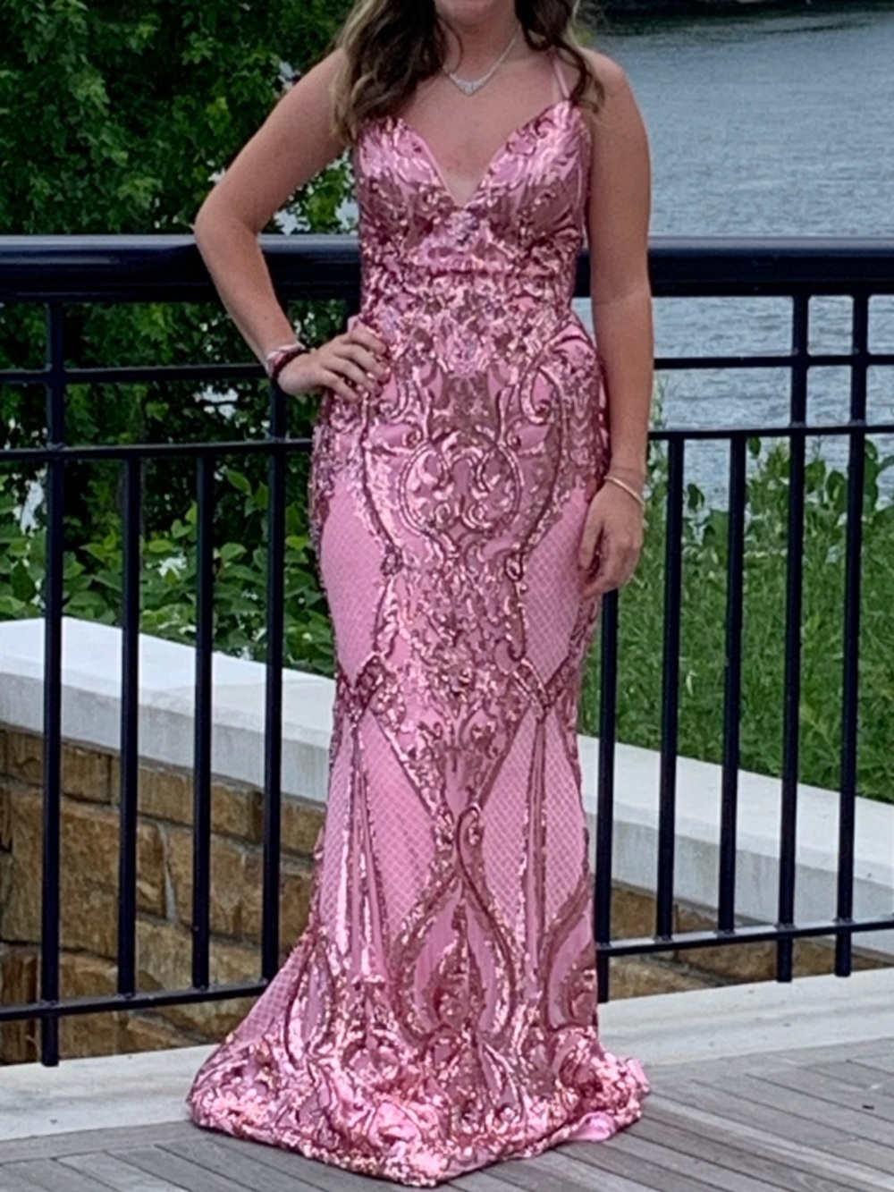 Pink Sequin Prom Gown with Fitted Mermaid Silhouette size 8 (never been altered)